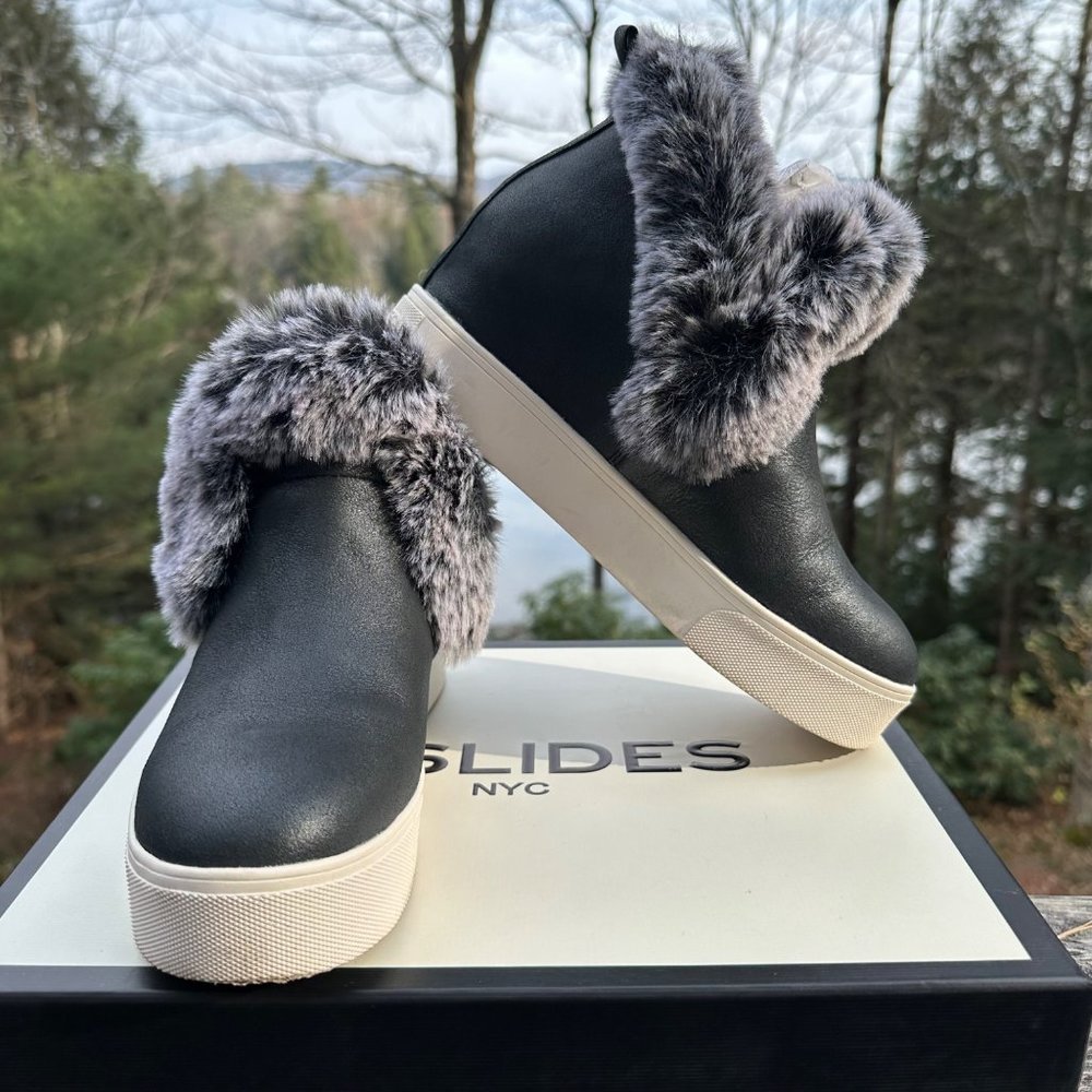 Nib J/Slides Sean Faux Fur Black Metallic Suede W… - image 1